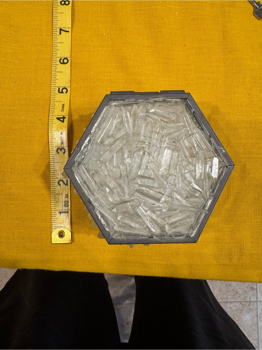 Vintage Hexagonal Raw Clear Quartz Crystal Mirror Trinket Box
